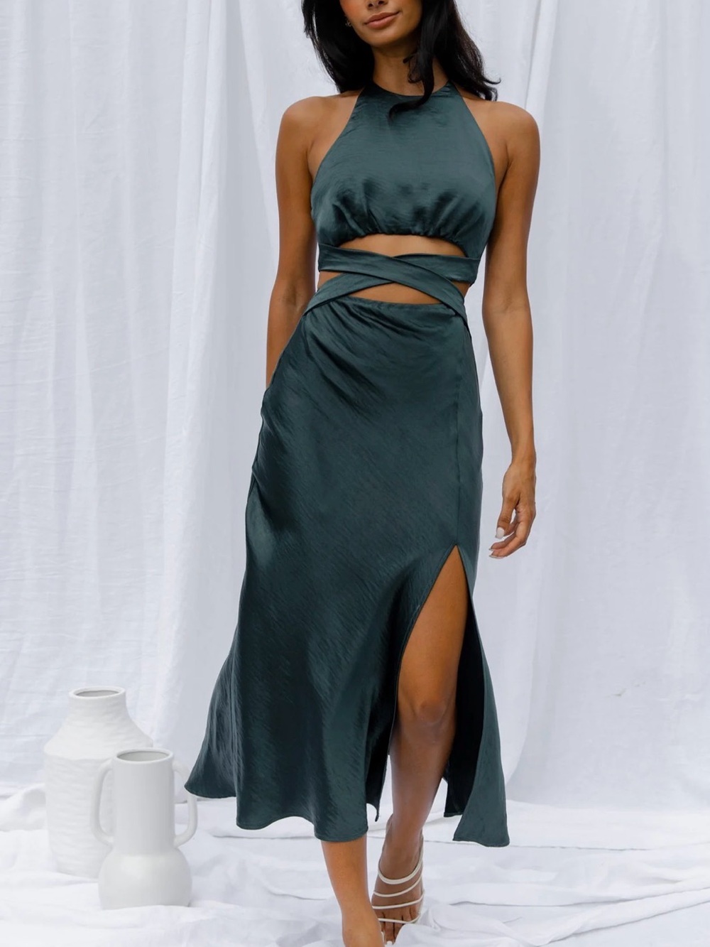 Selfie Leslie Dark Green Satin Midi Dress with Cutouts